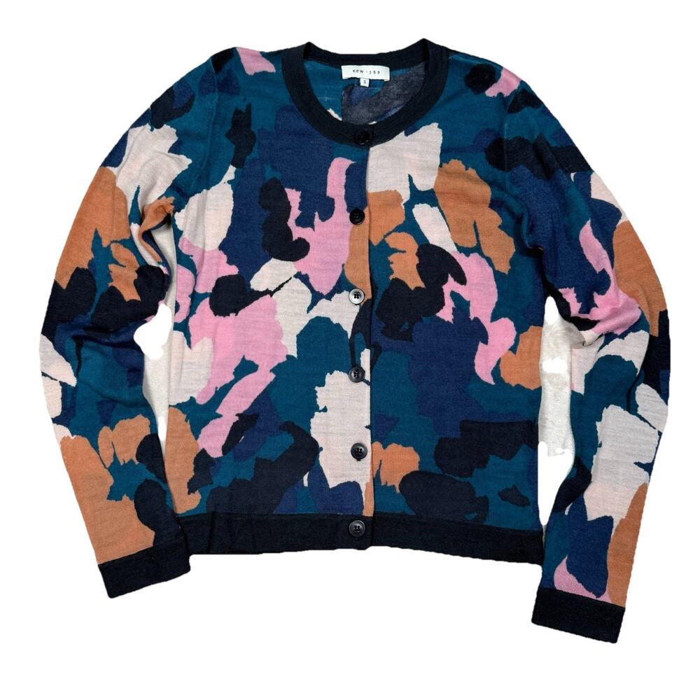 KEW 159 Cardigan Wool Knit Sweater Button Front Navy Floral Women’s Size Small